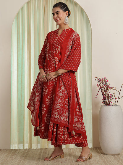 Rust Red Printed Anarkali Kurta & Pant With Dupatta