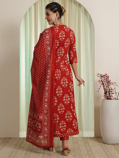 Rust Red Printed Anarkali Kurta & Pant With Dupatta