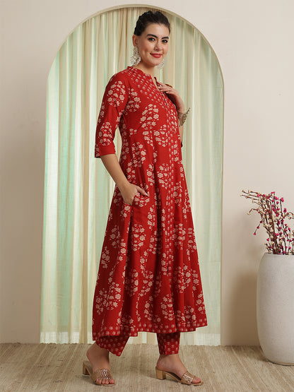 Rust Red Printed Anarkali Kurta & Pant With Dupatta