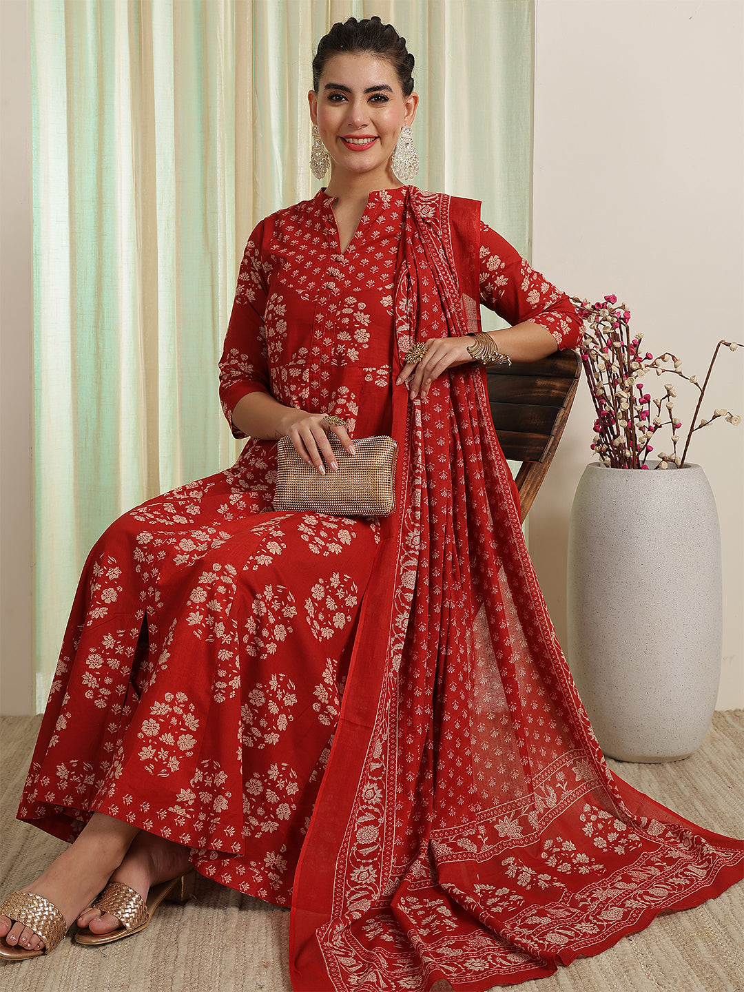 Rust Red Printed Anarkali Kurta & Pant With Dupatta