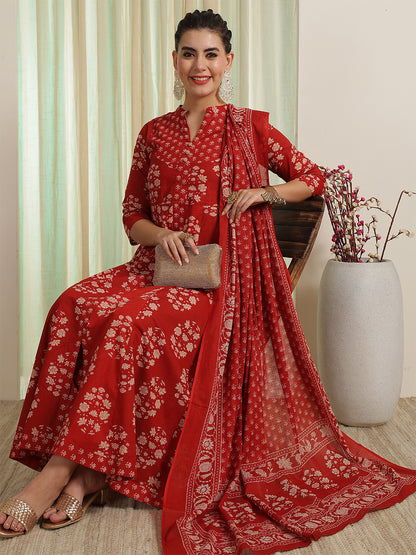 Rust Red Printed Anarkali Kurta & Pant With Dupatta