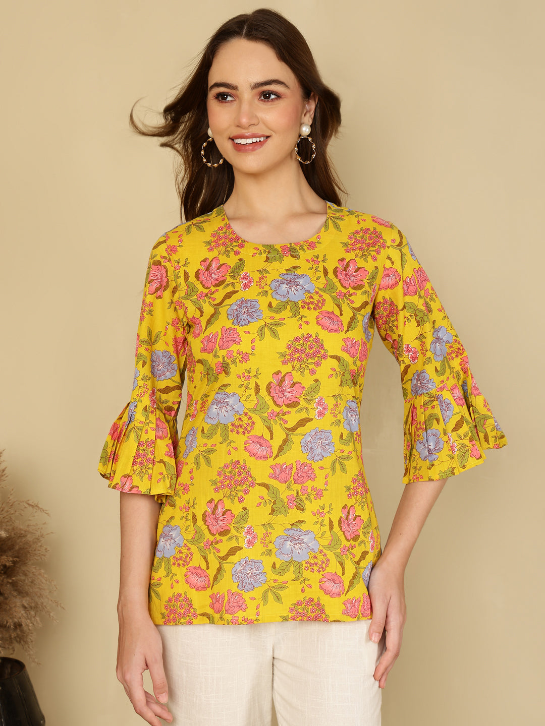 Cotton Printed Round Neck Yellow Top