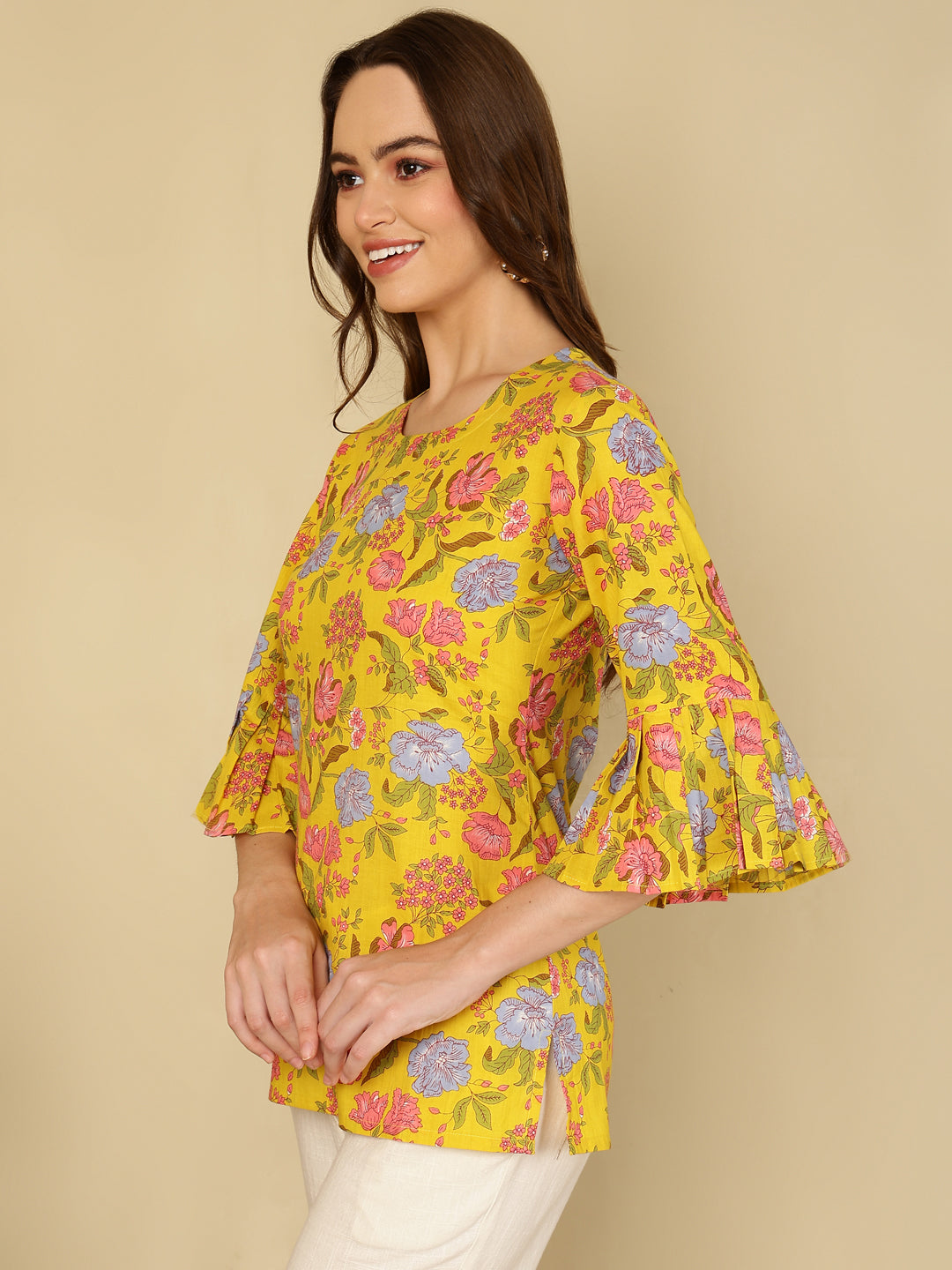 Cotton Printed Round Neck Yellow Top