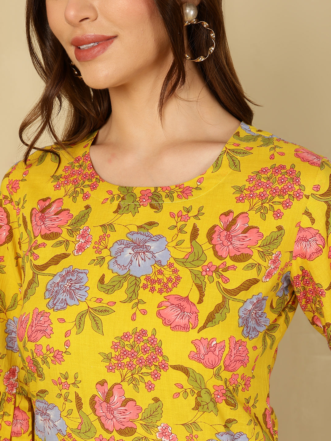 Cotton Printed Round Neck Yellow Top