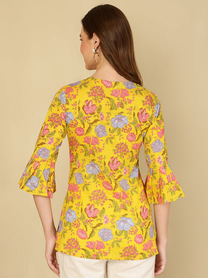 Cotton Printed Round Neck Yellow Top