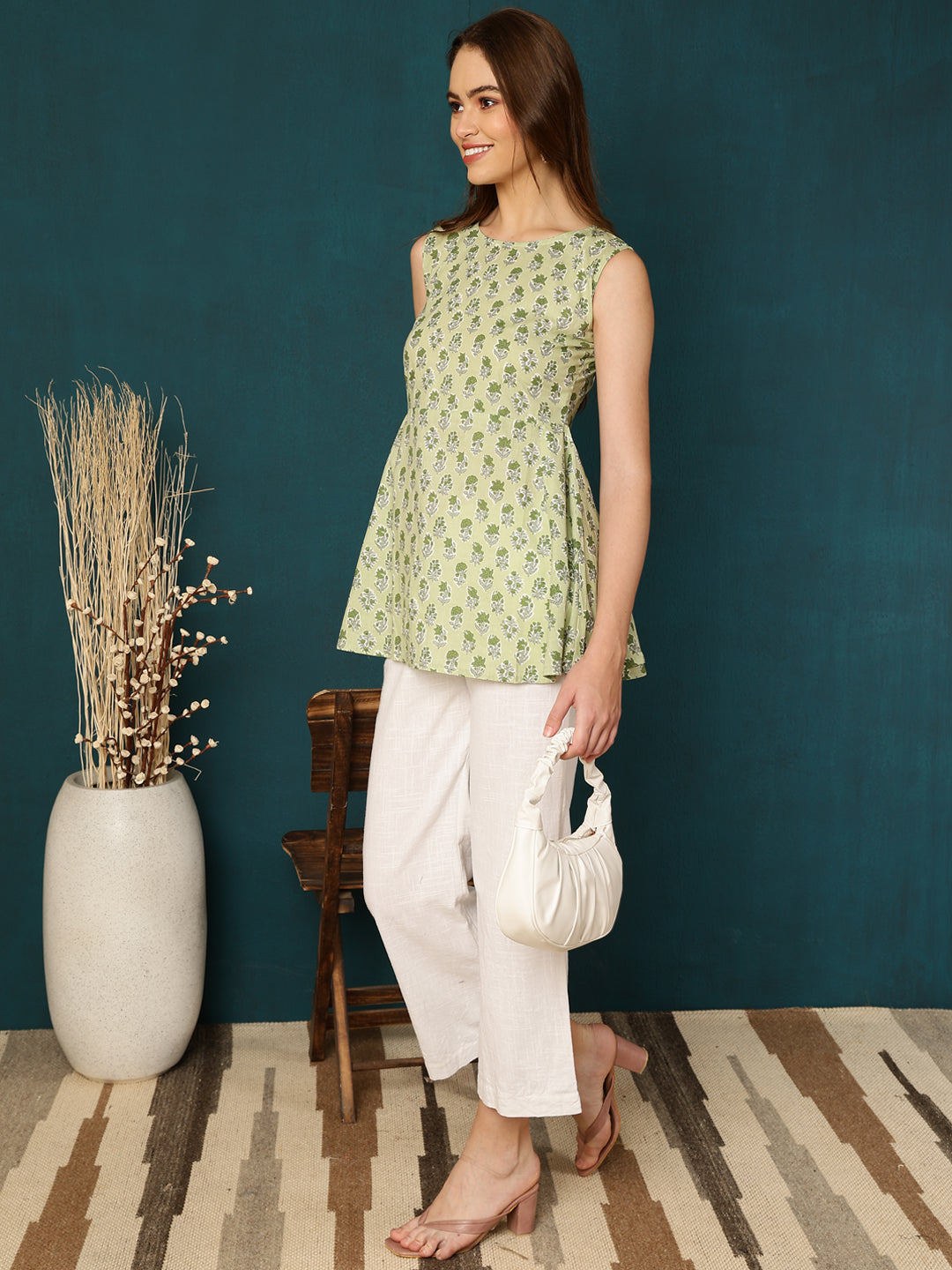 Cotton Printed Round Neck Green Top