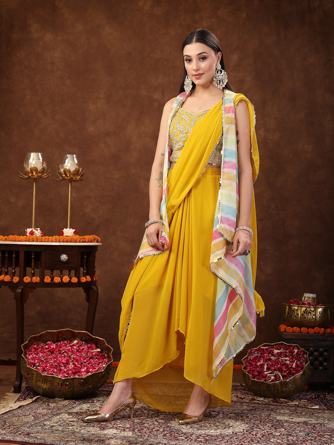 Mustard Solid Georgette Draped Lehenga & Blouse With Printed Jacket