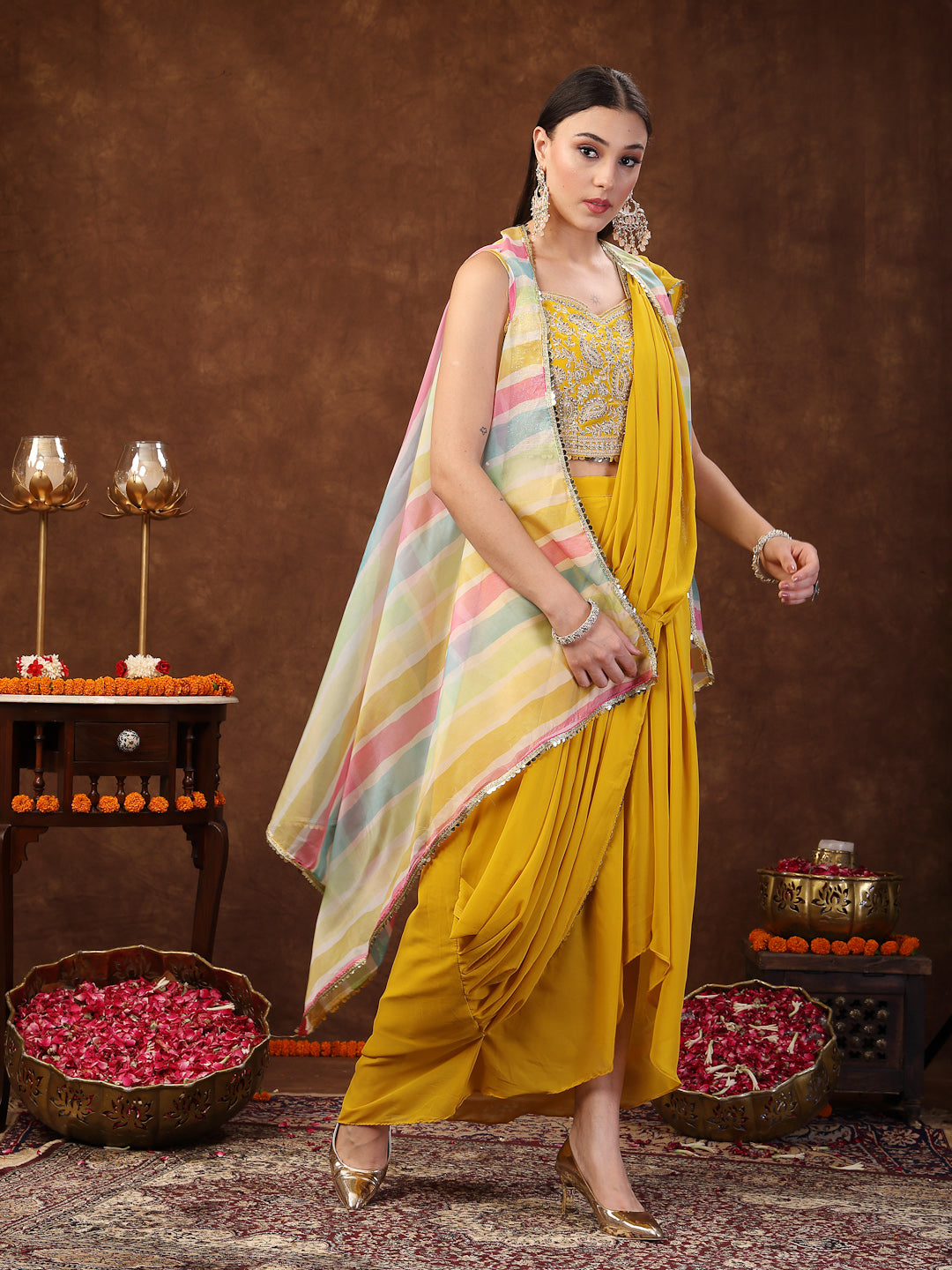 Mustard Solid Georgette Draped Lehenga & Blouse With Printed Jacket