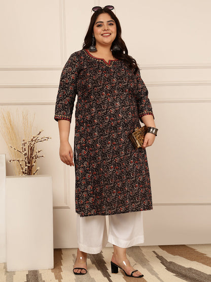 Cotton Calf Length Printed Straight 3/4 Sleeves Round Kurta