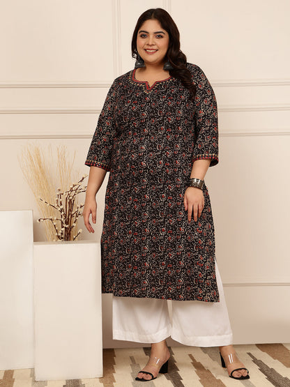 Cotton Calf Length Printed Straight 3/4 Sleeves Round Kurta