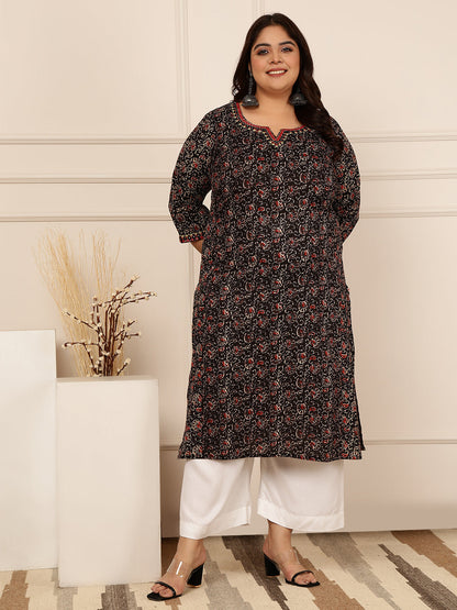 Cotton Calf Length Printed Straight 3/4 Sleeves Round Kurta