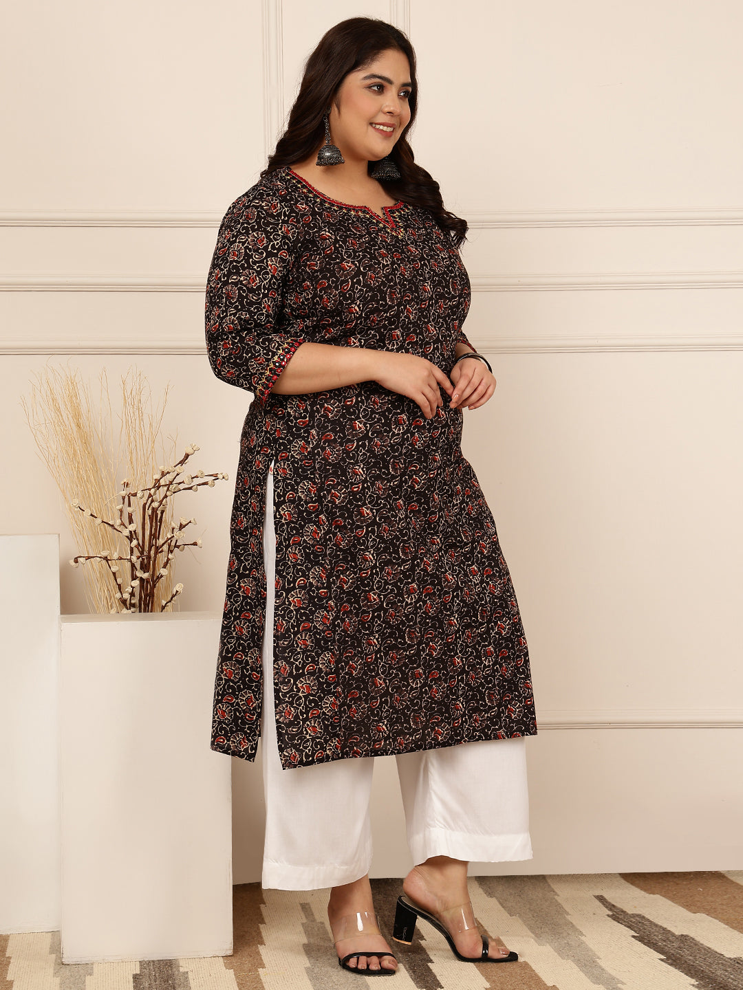 Cotton Calf Length Printed Straight 3/4 Sleeves Round Kurta