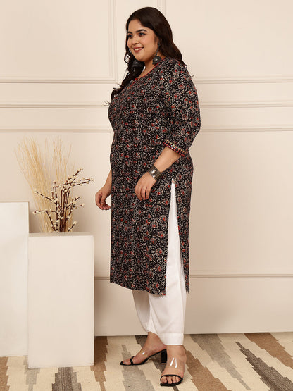 Cotton Calf Length Printed Straight 3/4 Sleeves Round Kurta