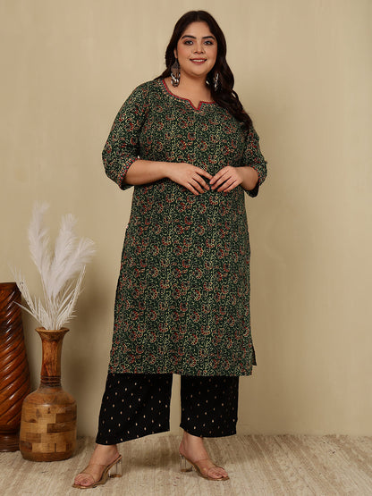 Cotton Calf Length Printed Straight 3/4 Sleeves Round Kurta