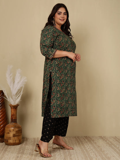 Cotton Calf Length Printed Straight 3/4 Sleeves Round Kurta