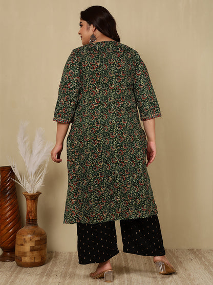 Cotton Calf Length Printed Straight 3/4 Sleeves Round Kurta