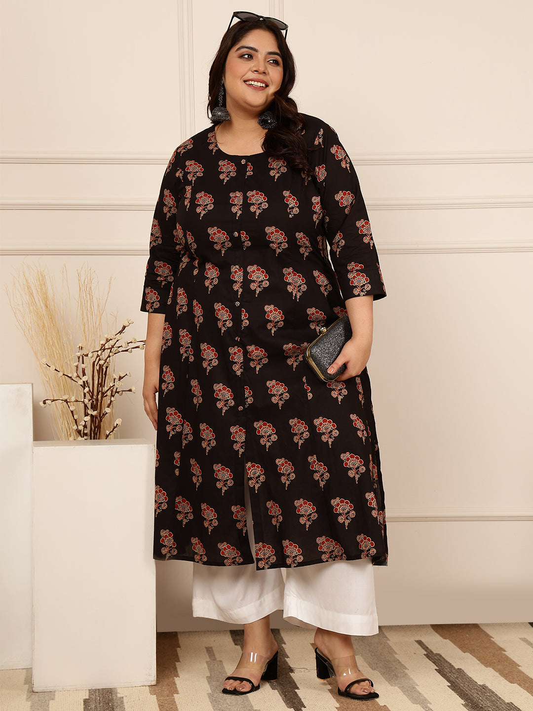 Rayon Calf Length Printed A-Line 3/4 Sleeves Round Kurta