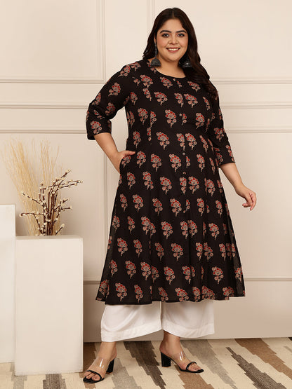 Rayon Calf Length Printed A-Line 3/4 Sleeves Round Kurta