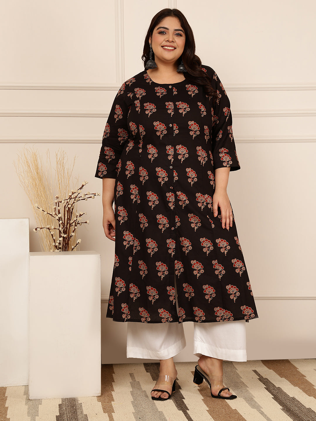 Rayon Calf Length Printed A-Line 3/4 Sleeves Round Kurta