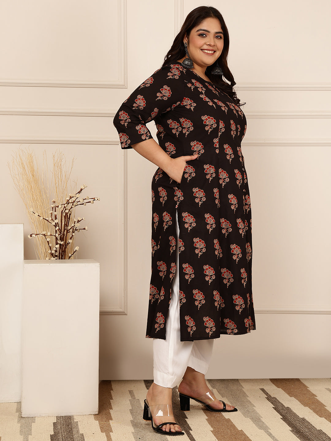 Rayon Calf Length Printed A-Line 3/4 Sleeves Round Kurta