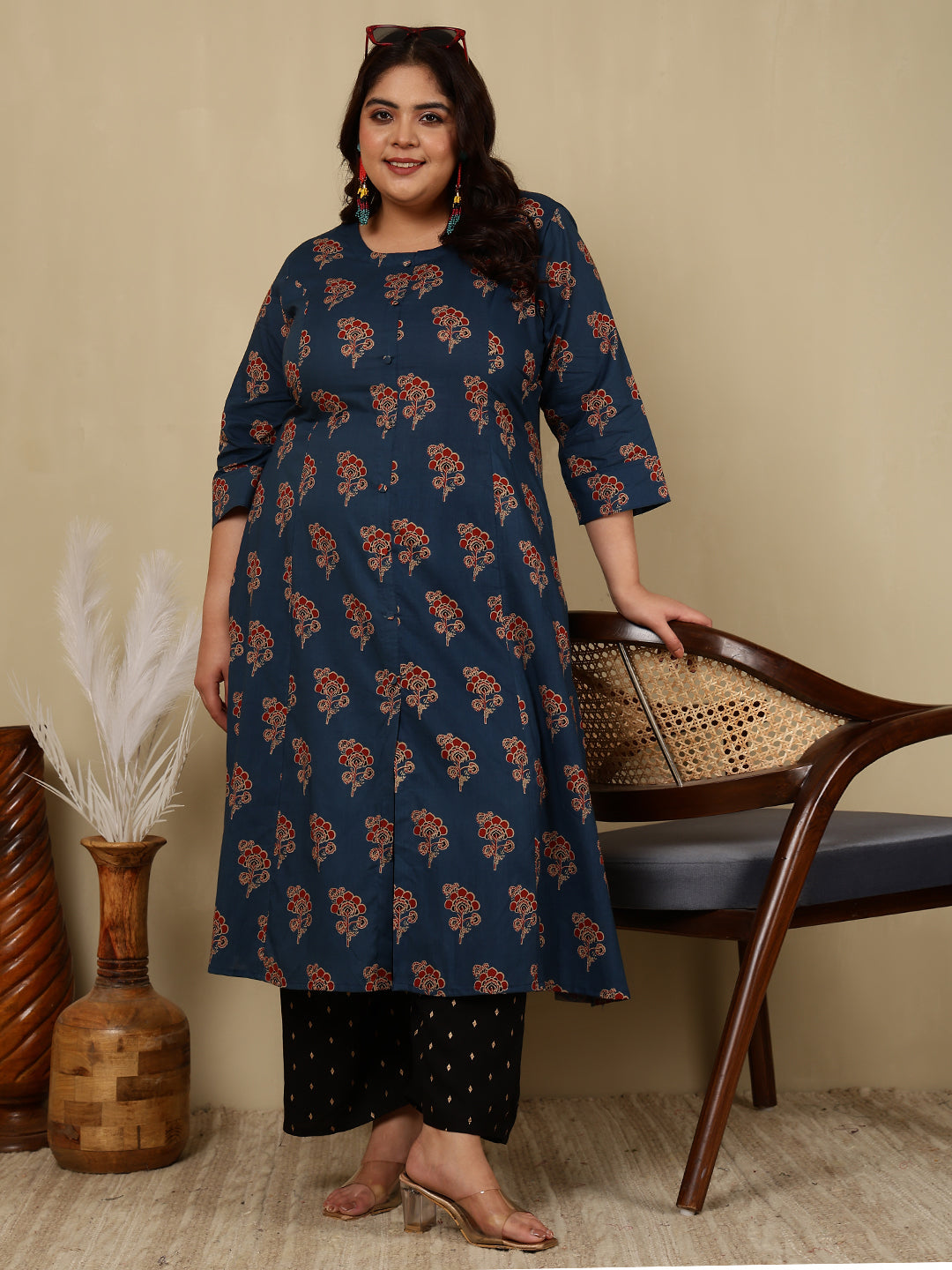 Rayon Calf Length Printed A-Line 3/4 Sleeves Round Kurta