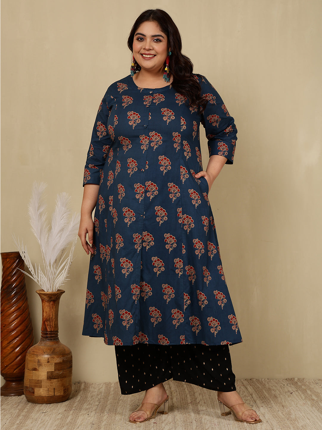 Rayon Calf Length Printed A-Line 3/4 Sleeves Round Kurta