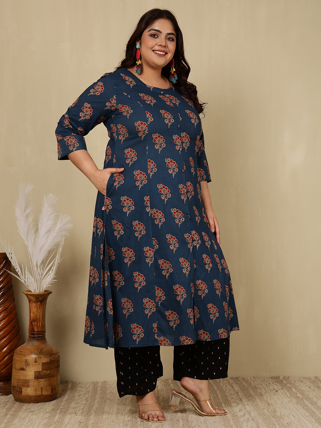 Rayon Calf Length Printed A-Line 3/4 Sleeves Round Kurta