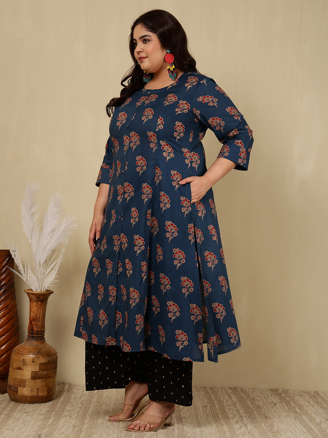 Rayon Calf Length Printed A-Line 3/4 Sleeves Round Kurta