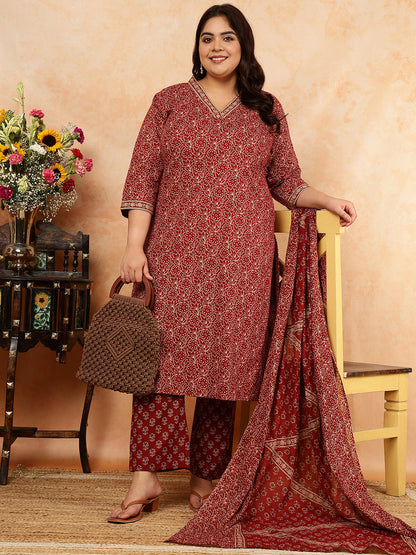 Cotton Calf Length Printed Straight 3/4 Sleeves V-Neck Kurta, Bottom With Dupatta