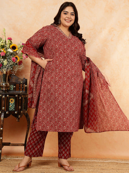 Cotton Calf Length Printed Straight 3/4 Sleeves V-Neck Kurta, Bottom With Dupatta