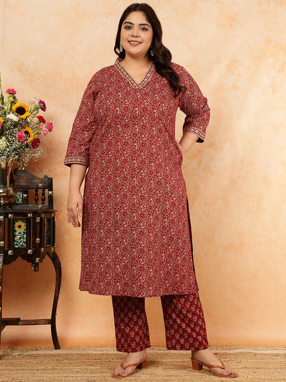 Cotton Calf Length Printed Straight 3/4 Sleeves V-Neck Kurta, Bottom With Dupatta