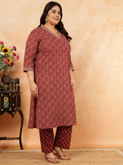 Cotton Calf Length Printed Straight 3/4 Sleeves V-Neck Kurta, Bottom With Dupatta