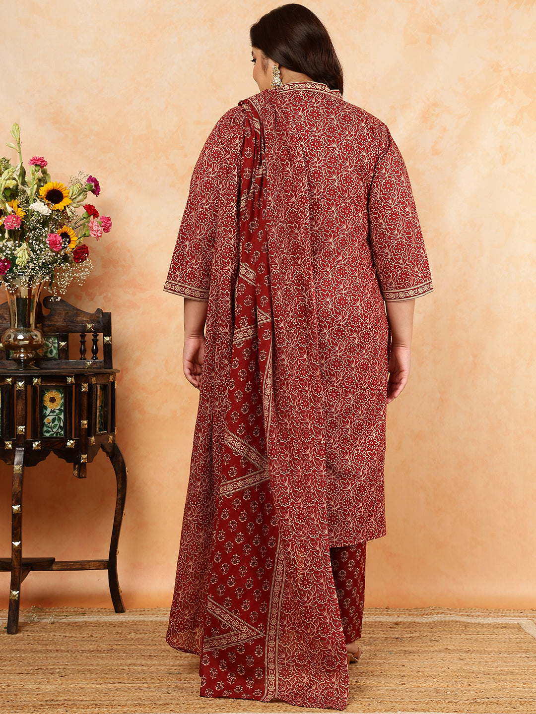 Cotton Calf Length Printed Straight 3/4 Sleeves V-Neck Kurta, Bottom With Dupatta