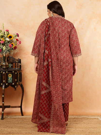 Cotton Calf Length Printed Straight 3/4 Sleeves V-Neck Kurta, Bottom With Dupatta