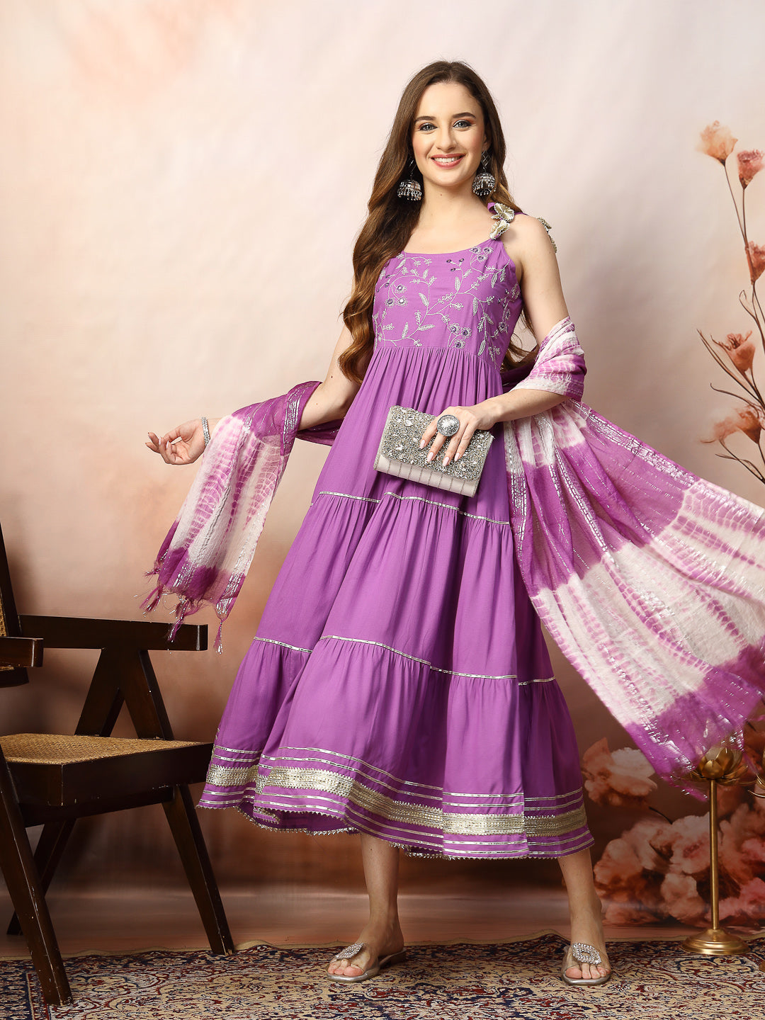 Embroidered Cotton Tiered Kurta With Dupatta