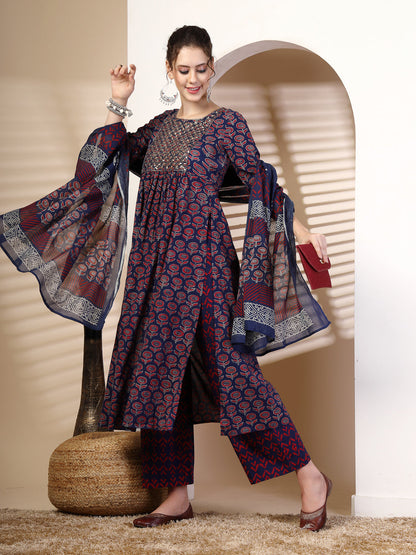 Cotton  Calf Length Printed Flared 3/4 Sleeves Round Neck Kurta, Bottom With Dupatta