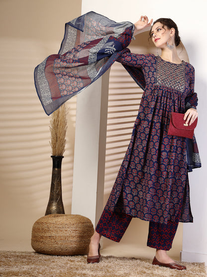 Cotton  Calf Length Printed Flared 3/4 Sleeves Round Neck Kurta, Bottom With Dupatta