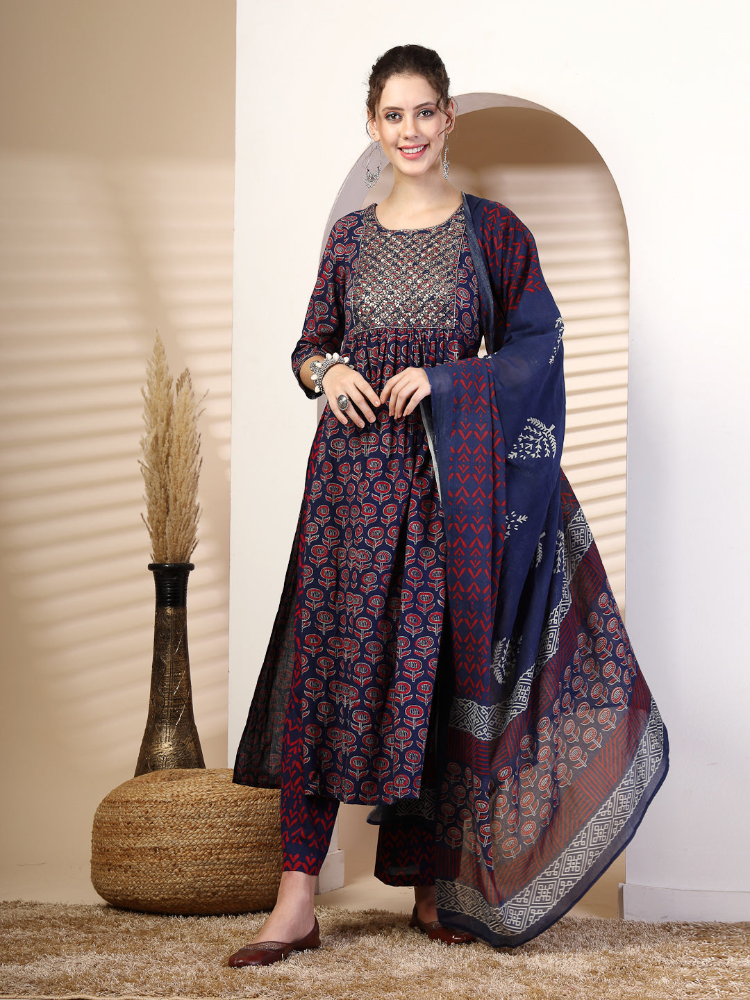 Cotton  Calf Length Printed Flared 3/4 Sleeves Round Neck Kurta, Bottom With Dupatta