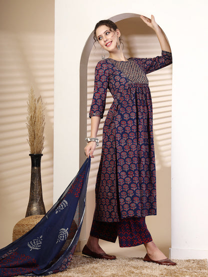 Cotton  Calf Length Printed Flared 3/4 Sleeves Round Neck Kurta, Bottom With Dupatta