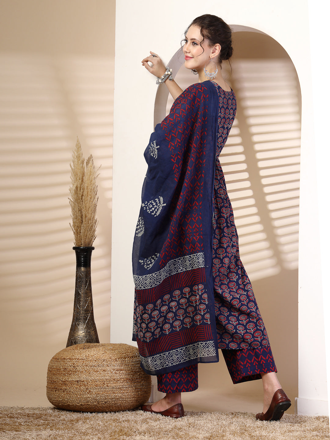 Cotton  Calf Length Printed Flared 3/4 Sleeves Round Neck Kurta, Bottom With Dupatta