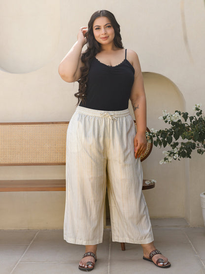 Ivory Stripped Modal Rayon Women Plus Size Pants With Single Side Pockets & Drawstring