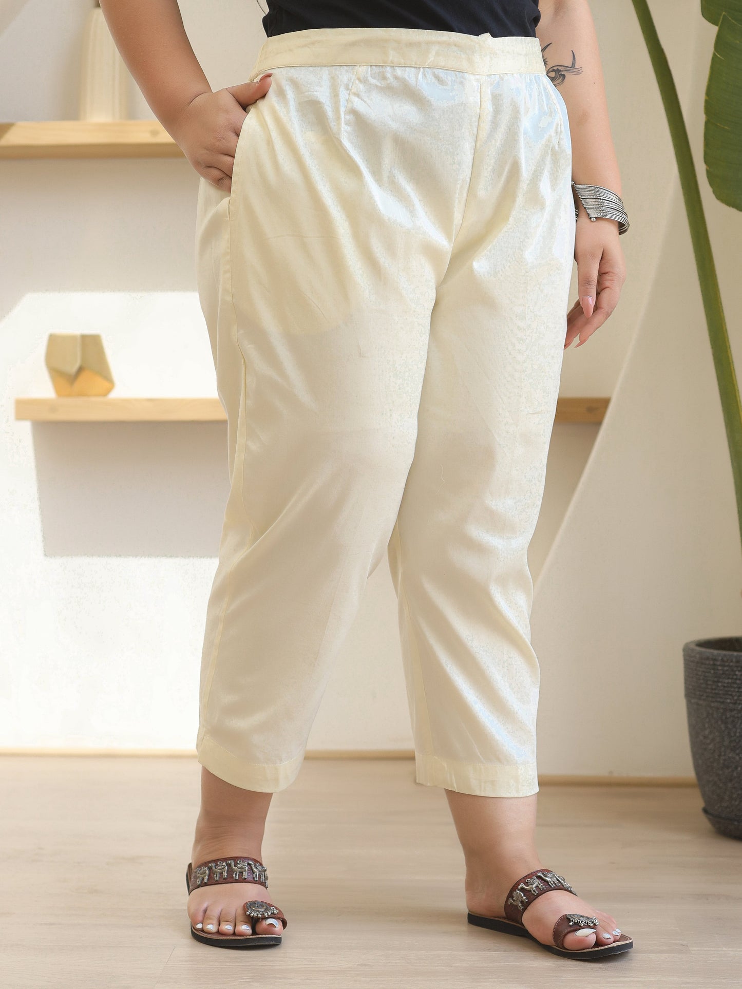 Off White Solid Lycra Women Drawstring Plus Size Pants With Single Side Pocket