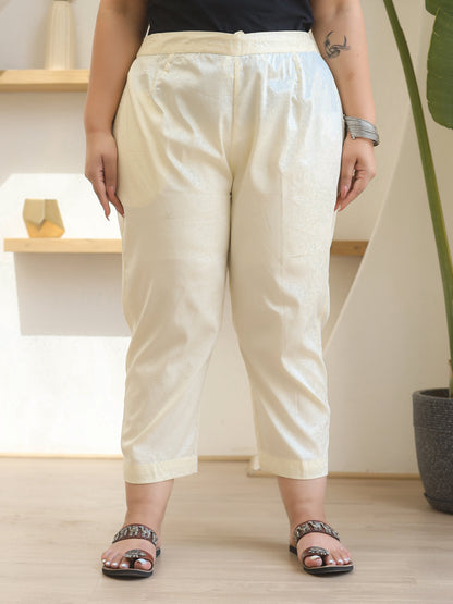 Off White Solid Lycra Women Drawstring Plus Size Pants With Single Side Pocket