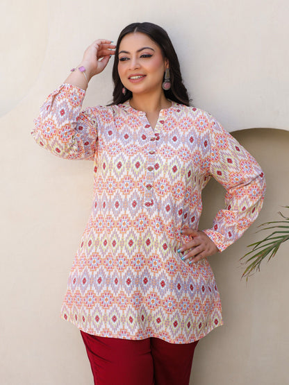 Ivory Geometric Printed A-Line Rayon Plus Size Tunic