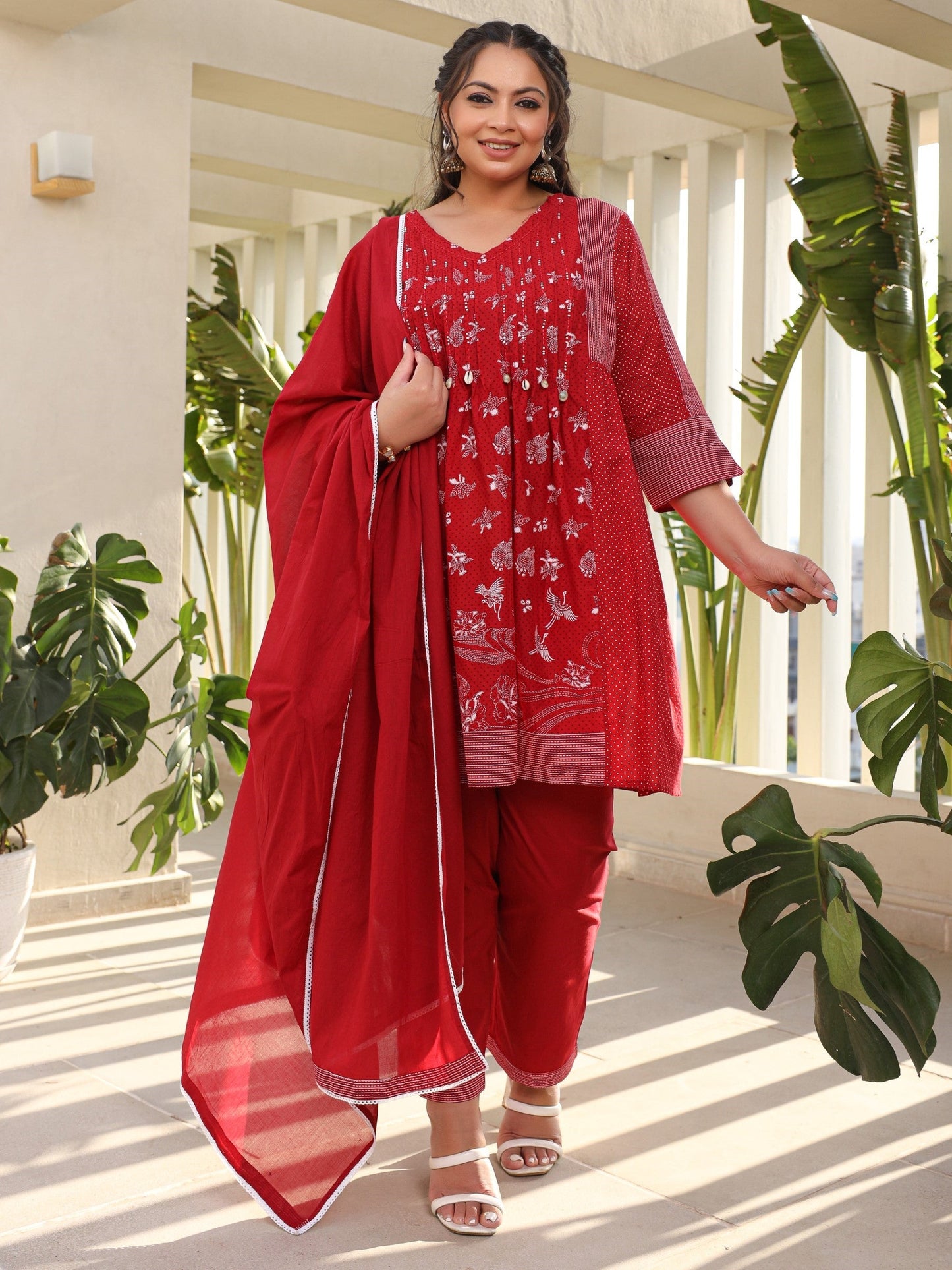 Women Red Ethnic Motif Printed  A-Line Cotton Plus Size Kurta Pants & Dupatta Set With Pintucks At Front & Beadwork (3-Pcs)