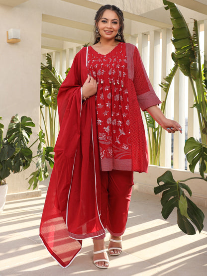 Women Red Ethnic Motif Printed  A-Line Cotton Plus Size Kurta Pants & Dupatta Set With Pintucks At Front & Beadwork (3-Pcs)