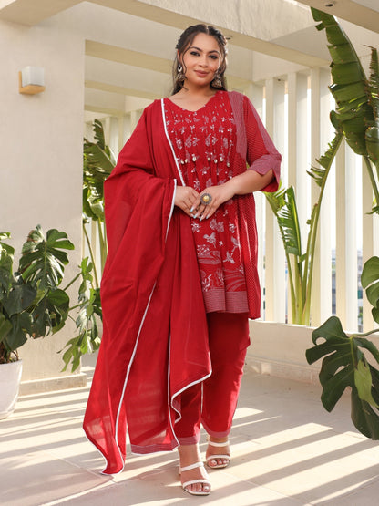 Women Red Ethnic Motif Printed  A-Line Cotton Plus Size Kurta Pants & Dupatta Set With Pintucks At Front & Beadwork (3-Pcs)