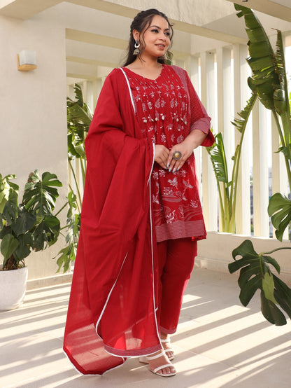 Women Red Ethnic Motif Printed  A-Line Cotton Plus Size Kurta Pants & Dupatta Set With Pintucks At Front & Beadwork (3-Pcs)