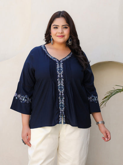 Navy Blue Modal Rayon Floral Embroidered Plus Size Tunic With Pintucks At Front