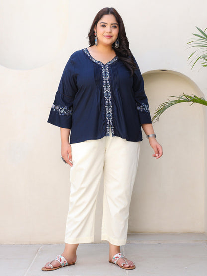 Navy Blue Modal Rayon Floral Embroidered Plus Size Tunic With Pintucks At Front